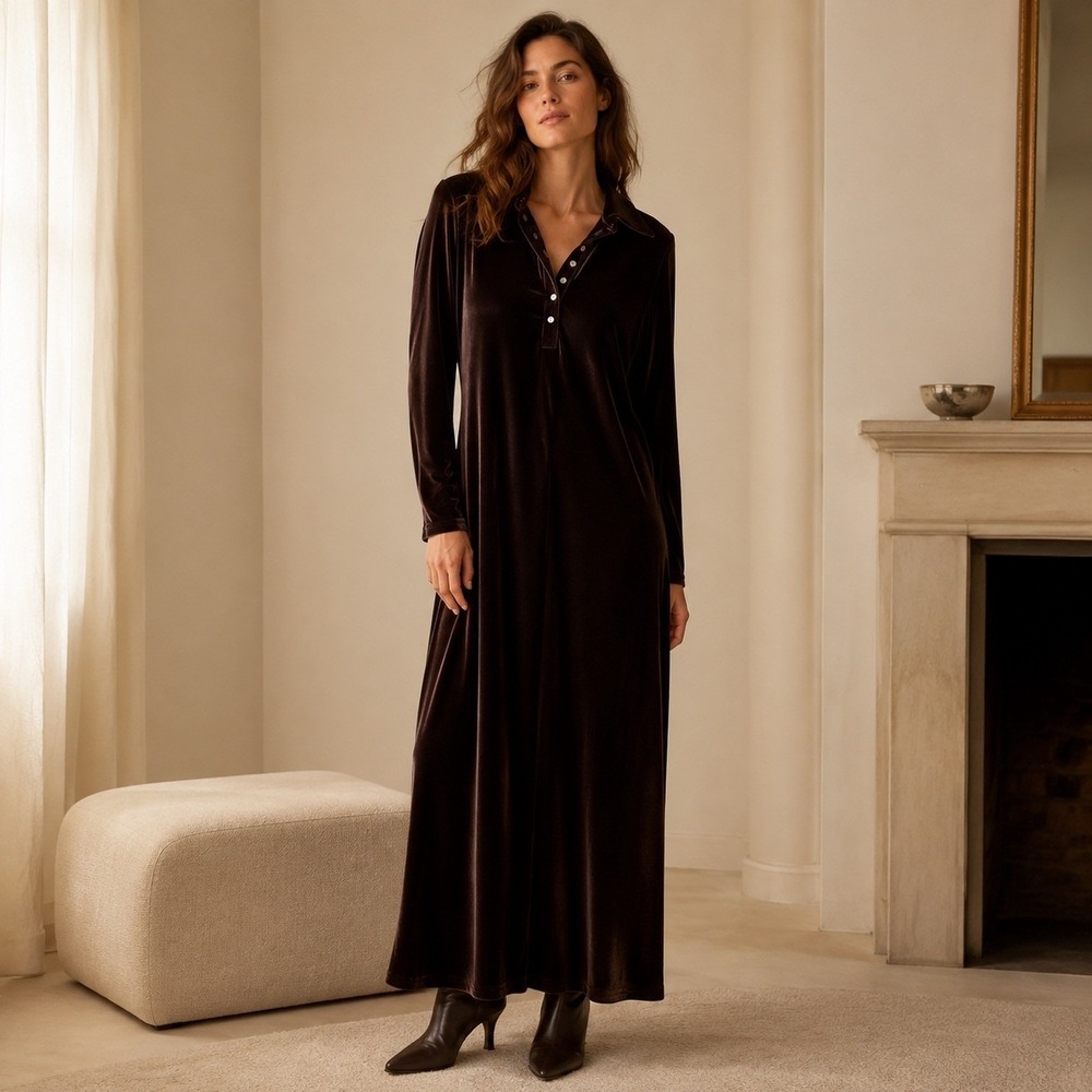 Vintage 90s Moda International Chocolate Brown Velour Collared Henley Maxi Dress